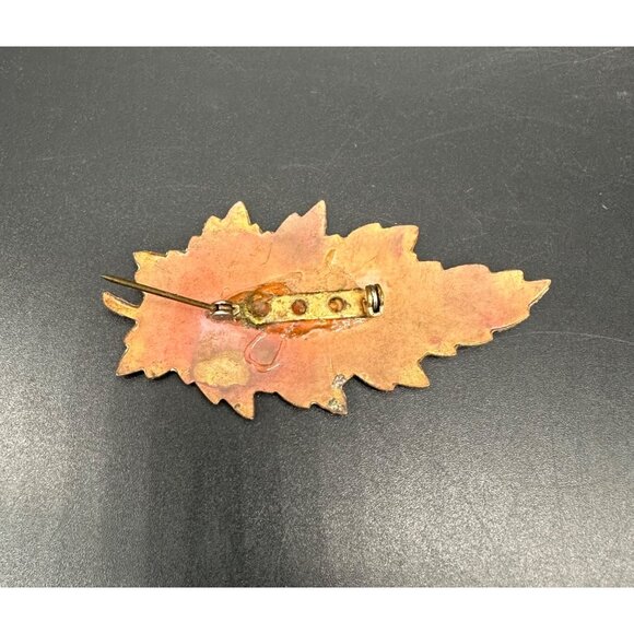 Vintage Autumn Leaf Brooch Pin Enamel on Copper Statement Fall Jewelry Orange - Picture 3 of 8